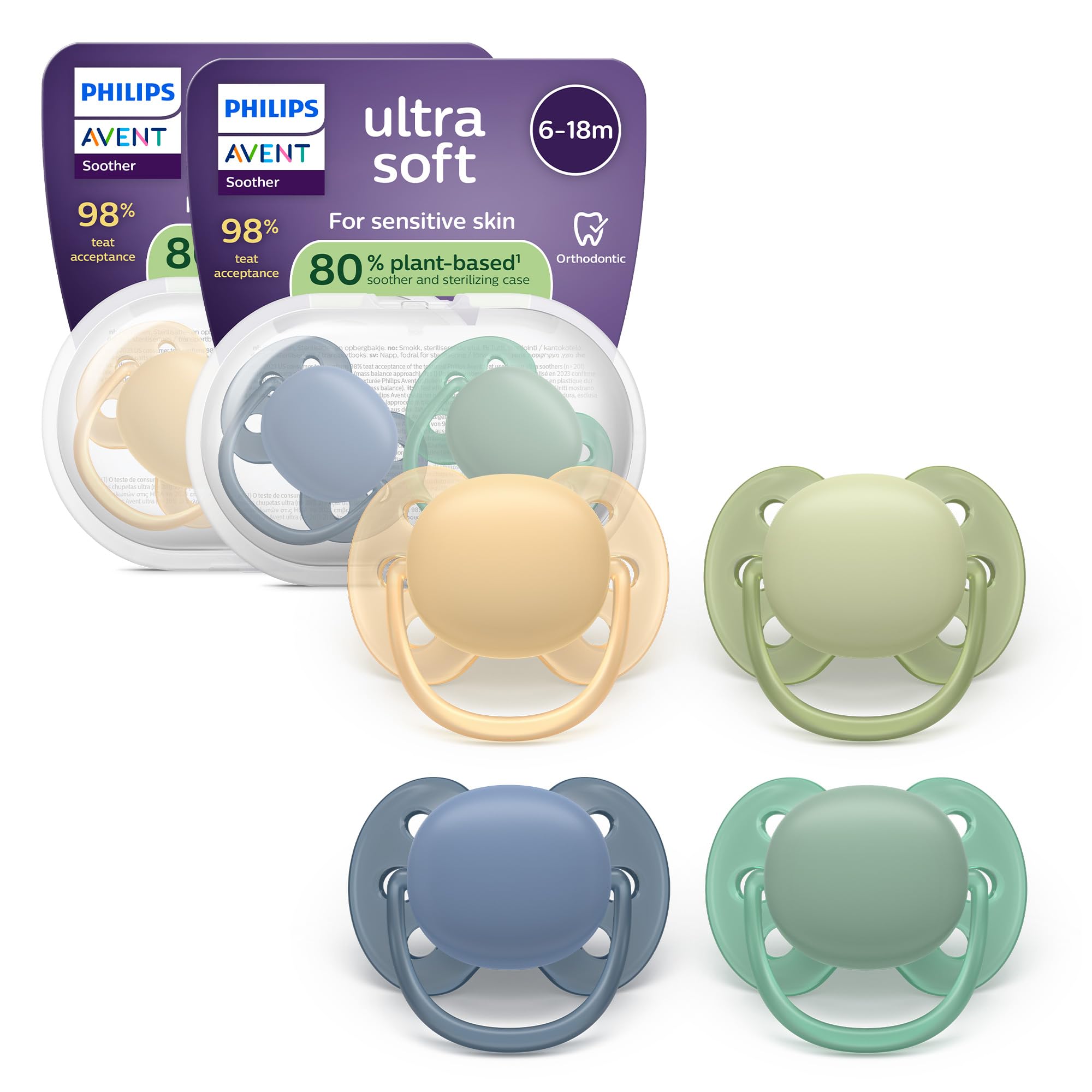 Philips Avent chupetes ultra soft: diseño anatómico, para bebés de 6 a 18 meses, escudo flexible, tetina simétrica de silicona, sin BPA, 2 fundas esterilizadoras, paquete de 4, SCF091/53