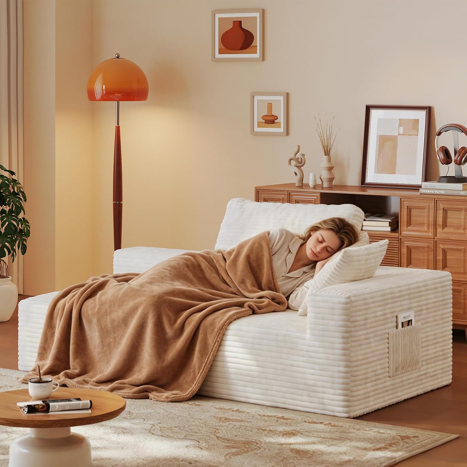 59" Sofa Bed, Boneless Cloud Couch, Rectangular Couch for Living Room, One-Piece Chaise Lounge with Pillows, Flannel Comfy Floor Sofa (White, Horizontal Right Armrest Facing Chaise)