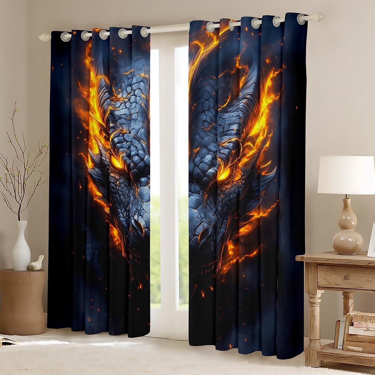 jejeloiu Golden Black Dragon Curtains for Bedroom Living Room (2 Panels, 42 x 90 Inch) Kids Western Dragon Darkening Drapes Boys Girls Fantasy 30%-50% Blackout Curtain Magic Window Treatments