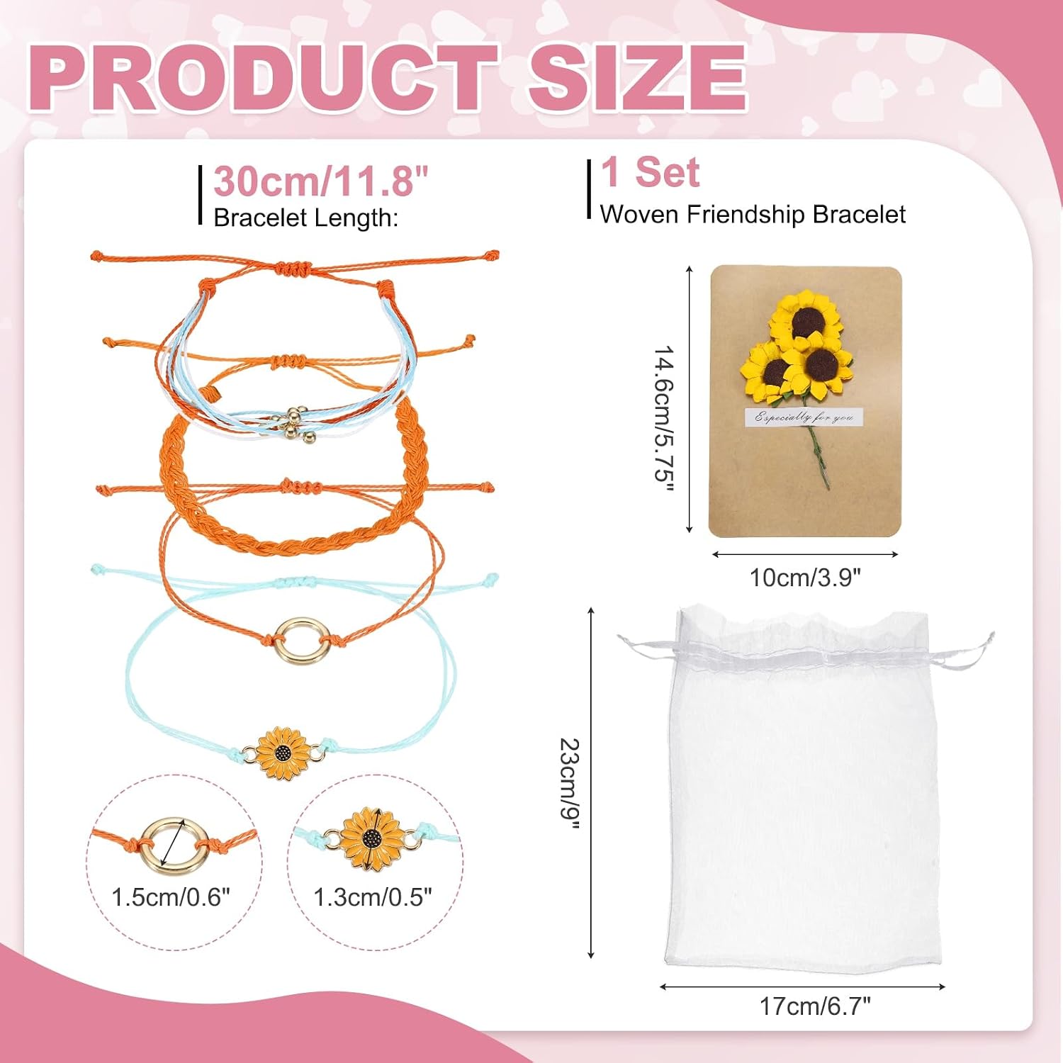 MECCANIXITY Sunflower Bracelets Bohemia Surf Friendship Bracelets Adjustable Sunflower Braided Rope String Set with Card & Mesh Bag