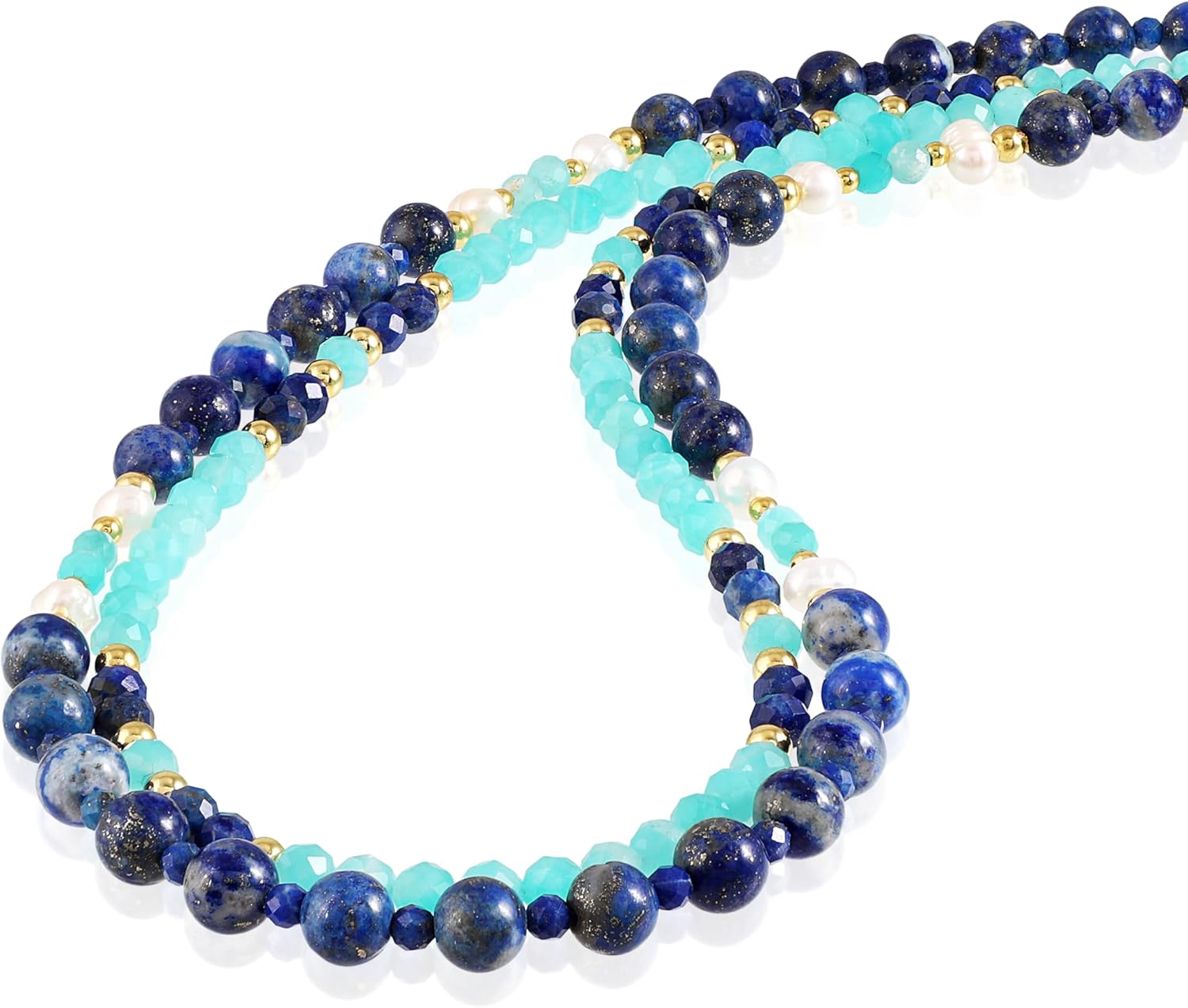 Lapis Necklace For Women 2 Strands With Amazonite And Pearl Beautiful Boho Necklace - 50 cm |925 Silver Jewellery