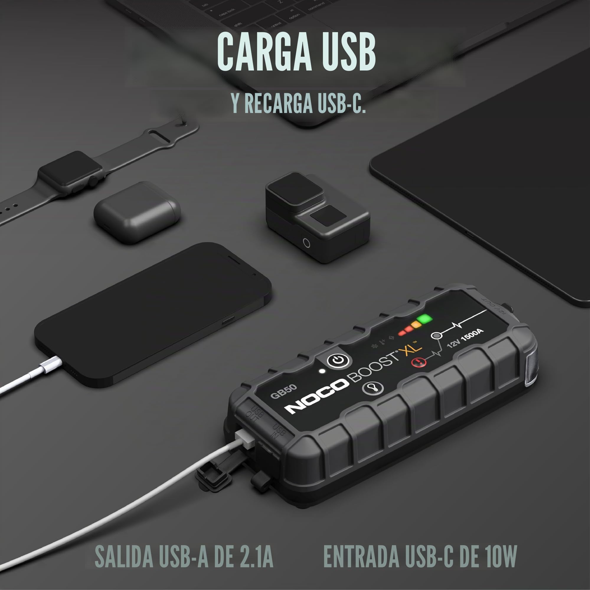 NOCO Boost GB50: Arrancador de Batería de Litio de 1500A UltraSafe – Antichispas y Protección contra Polaridad Inversa – Power Bank USB y Linterna LED – para Motores de Gasolina 7,0L y Diésel 4,5L