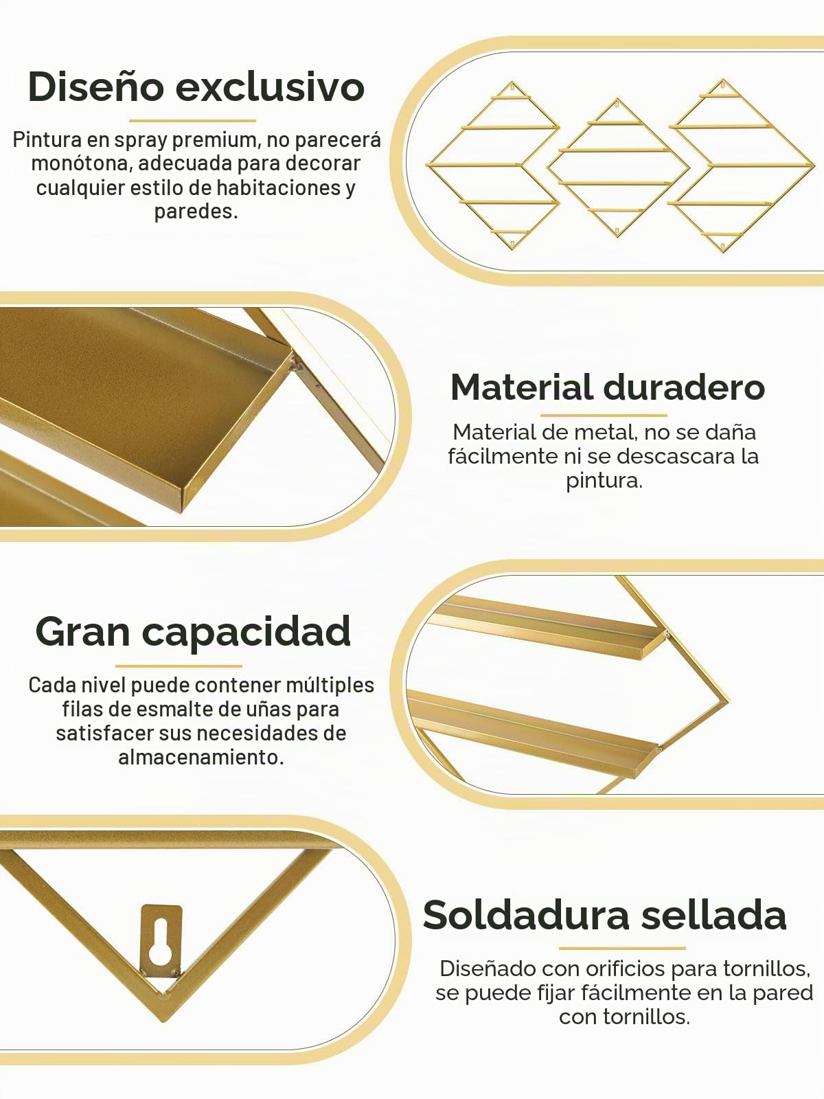Kalolary 3 Piezas Organizador Metálico para Esmaltes Uñas, Estante Exhibición Dorado Vitrinas Cosméticos Estante Pared Perfume Lápiz Labial Organizadores Aceite Esencial Hogar SPA Salón Uñas Tienda