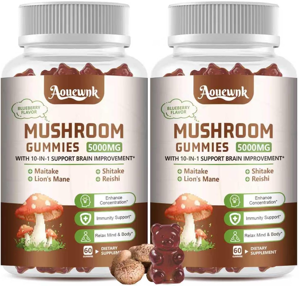 2 Pack 5000MG Mushroom Gummies for Men & Women - 10-in-1 Blend Mushroom Complex Supplement containing Lion's Mane, Brain and Immune Boosting, Blueberry Flavor, Non-GMO, 120 Counts