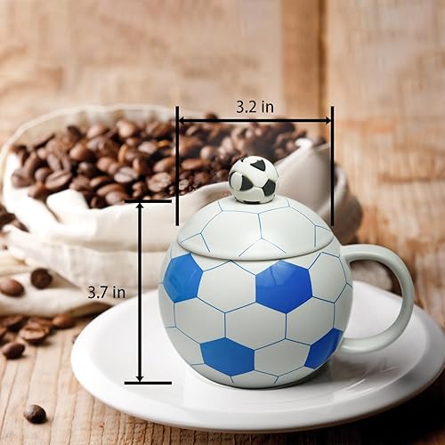 Miniatura 7 de Taza de fútbol de cerámica de 13.5 onzas, tazas de fútbol para té caliente, capuchino, moca, cacao, blanco para el día de Navidad (azul)