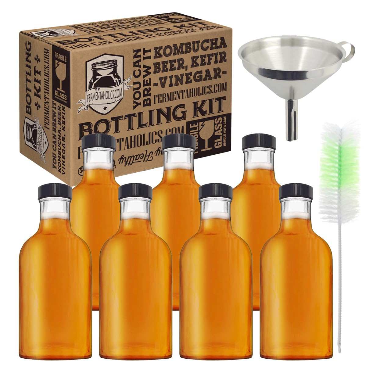 Kombucha Bottling Kit: 7x 16 fl oz Glass Stout Bottles With Airtight Lids, Stainless Steel Funnel, Bottle Brush, Airtight, High-Pressure Bottles Great For Kombucha, Kefir or Ginger Beer