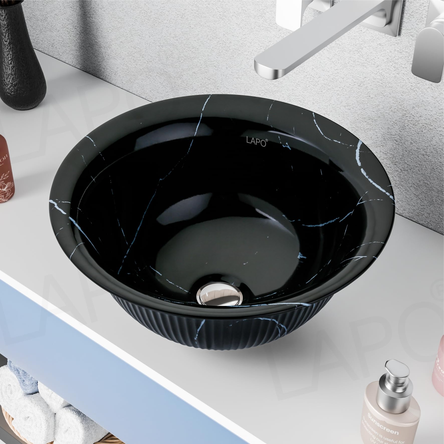 LAPO Basin for Bathroom, Ceramic Tabletop Wash basin, Table Top Wash Basin for Bathroom And Livingroom Décor, Countertop Vessel Sink (Black finish, 40x40x18 Cm) -A670 (B0D8Y77RKC) Amazon Price History, Amazon Price Tracker