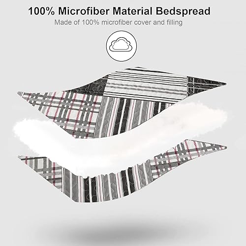 Miniatura 4 de Ycosy Juego de edredón de tamaño Queen, juego de colcha de retazos a cuadros, suave y ligera, ropa de cama de color negro, blanco, gris, a rayas,