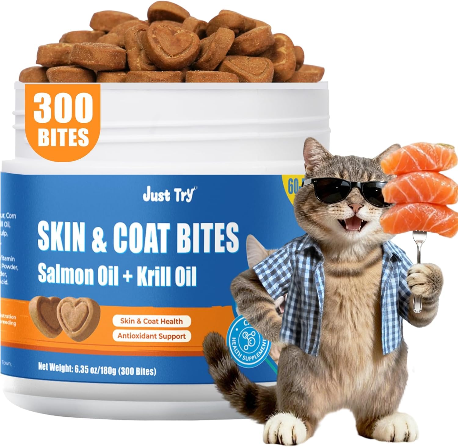 Just Try 300 Bites Skin and Coat Healthy Cat Vitamins for Indoor Cats Omega 3 for Cats Salmon Oil Supplements- Cat Itchy Skin Relief