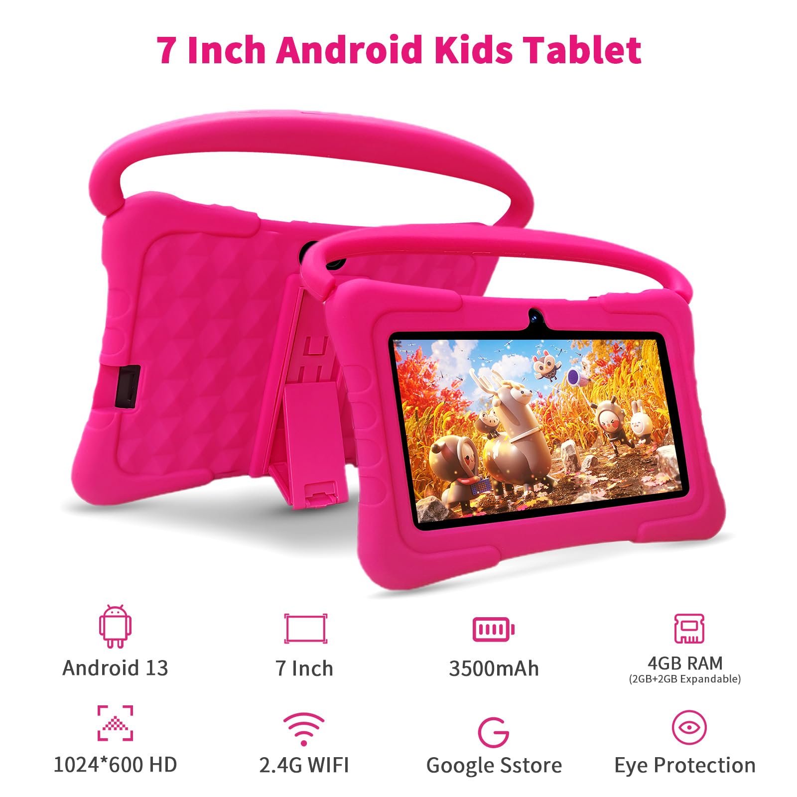 VASOUN Kids Tablet 7 inch, Tablet for Kids 3-7 Android 13, Tablets for Toddler with 4GB(2+2) RAM 32GB ROM, Parental Control, GMS Certified WiFi Dual Camera with Eye Protection(Pink) — view 3