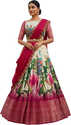 Fabcartz Beautiful South Indian Style Unstitch Lehenga Choli Printed Half Saree with Blouse for Women | PL246