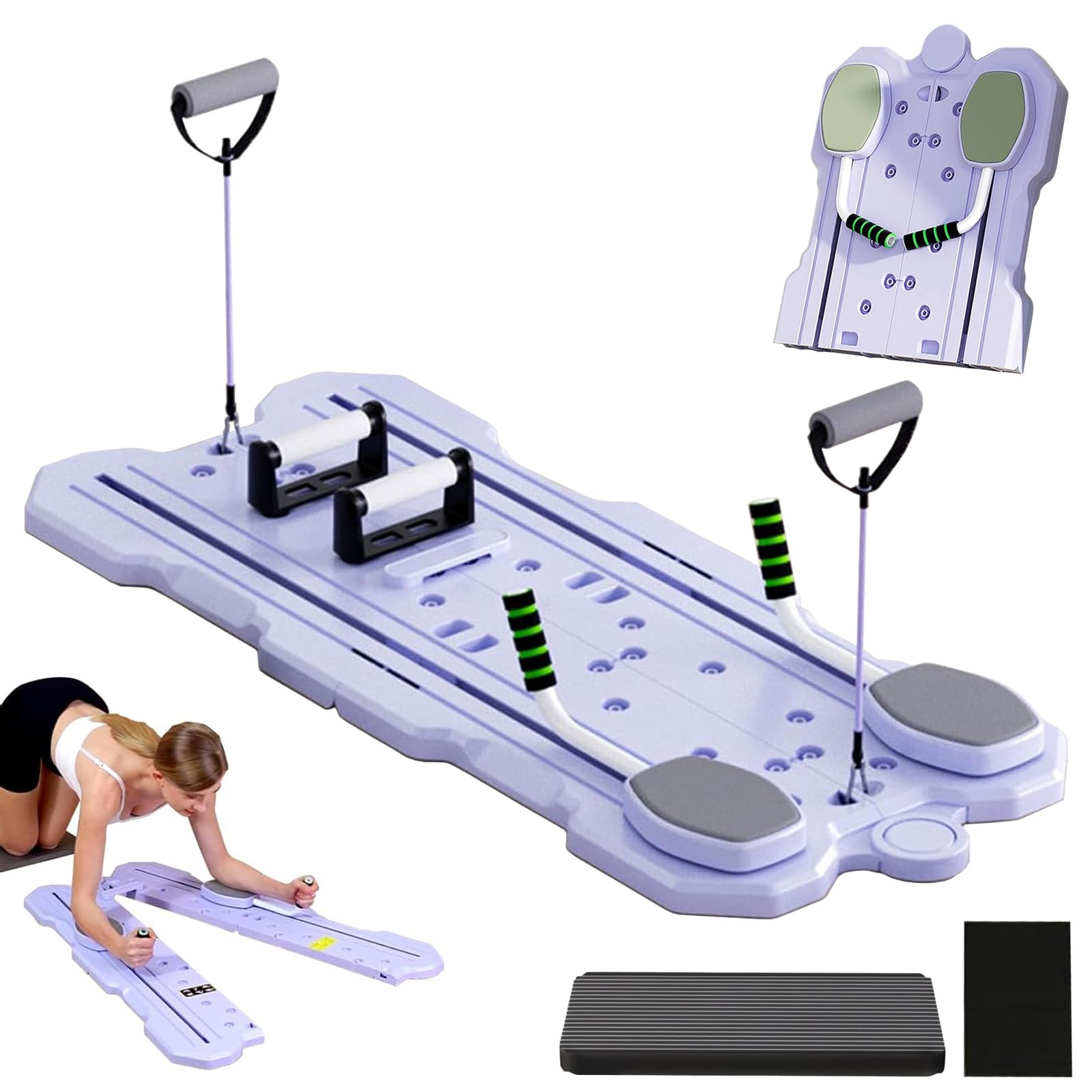 Planche de Pilates pliable multifonction avec rouleau abdominal, rouleau de rebond automatique, bandes de résistance et tapis de genoux, planche d'entraînement pour abdominaux pour la maison