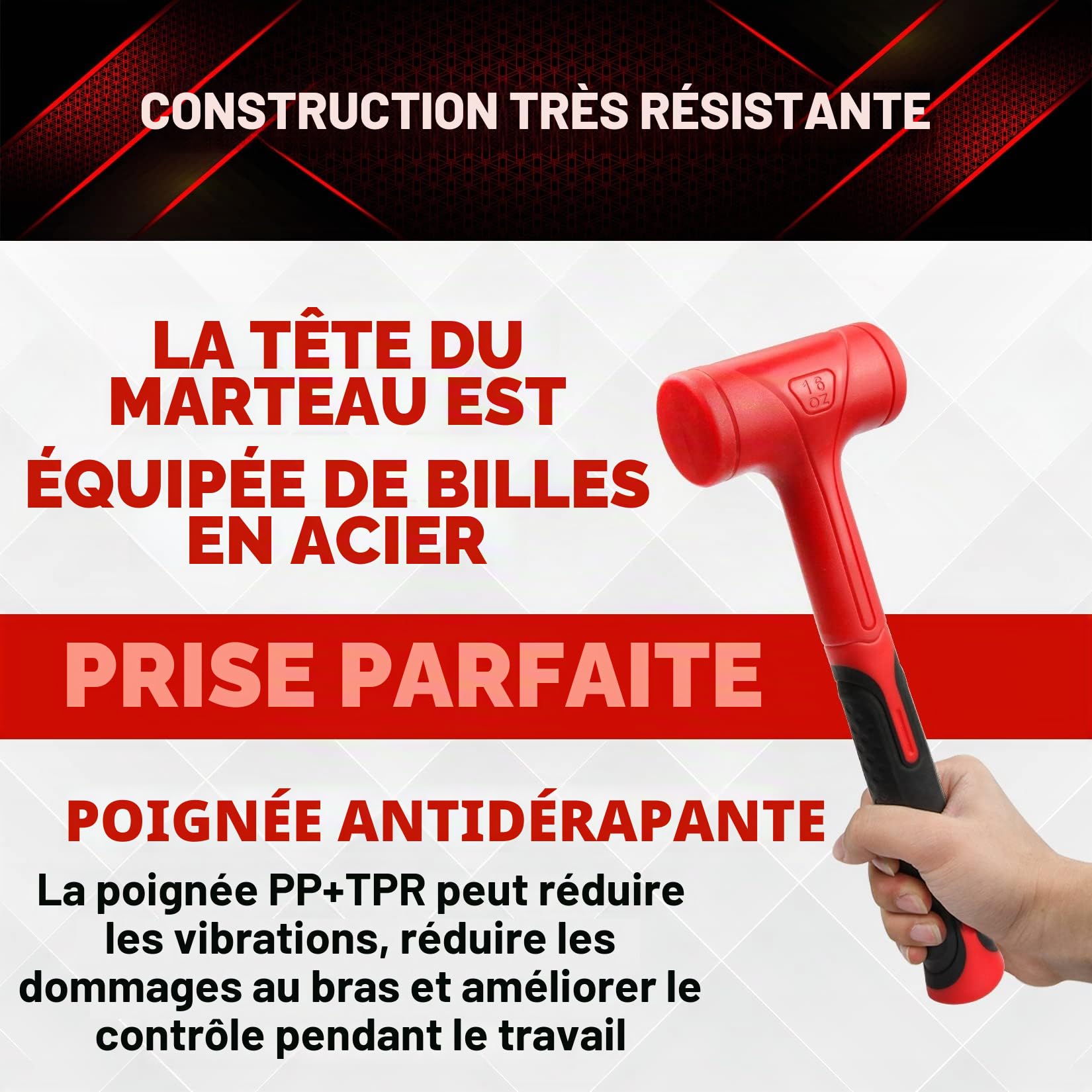 YIYITOOLS YY-3-013 Lot de 3 marteaux à percussion morte 453,6 g (0,5 kg), 765,4 g (0,7 kg), 1,275,7 g (1,4 kg) conception anti-choc, pas de rebondissement, rouge et noir, noir, rouge