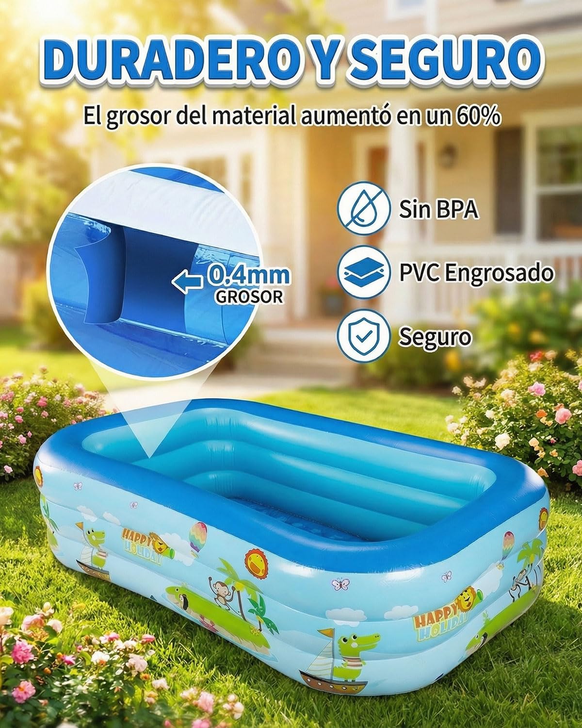 Piscinas Hinchables para Jardín y Patio, Piscina Rectangular de PVC de 3 Capas 210 x 135 x 60 cm, Gran Espacio para Verano y Tiempo Libre, Piscina Hinchable de Uso Familiar