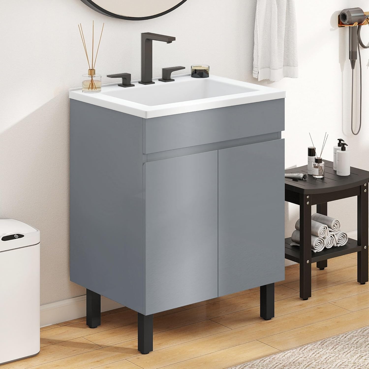 DWVO 24 Inch Grey Bathroom Vanity with Undermount Sink, Small Bathroom Sink Cabinet, Modern Bathroom Storge Vanity Includes Adjustable Legs, 2 Large Soft Closing Doors & Drain