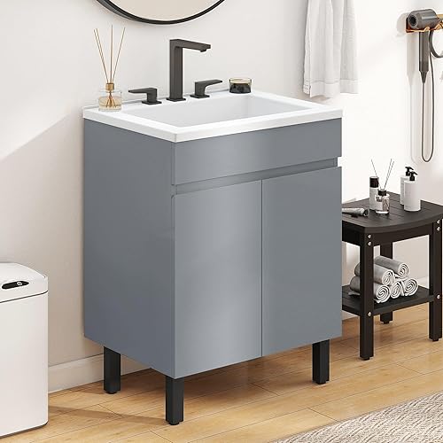 Miniatura 8 de DWVO Combo de tocador de baño de 16 pulgadas para espacio pequeño, gabinete de baño independiente con fregadero de cerámica bajo cubierta, tocador