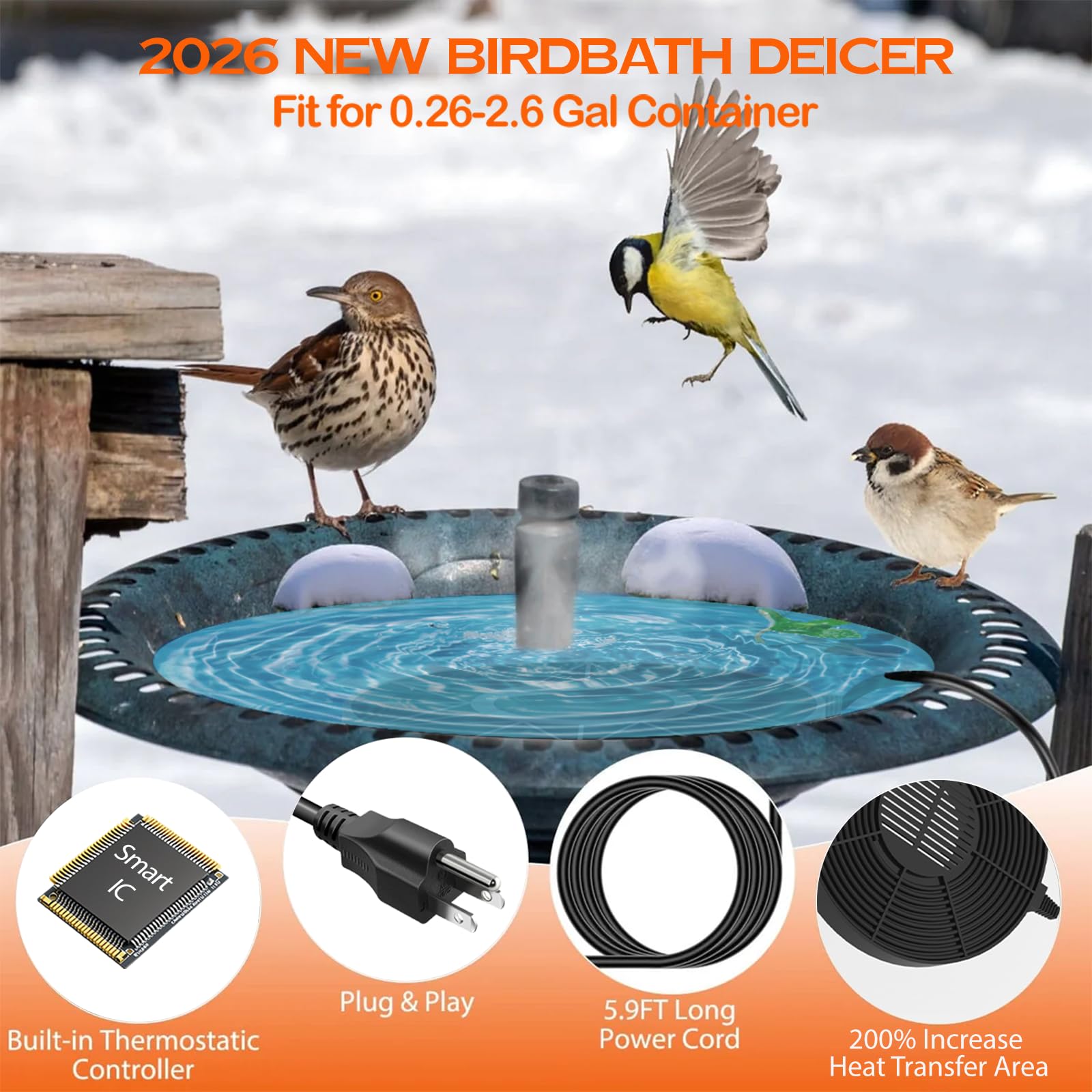 Fortrek Vogeltränken-Heizung für den Außenbereich im Winter, 70 W Vogeltränken-Enteiser mit Thermostatregler, Warmwasserbereiter mit 1,5 m Kabel für Vogeltränke, Huhn, Ente, Nutztiere, Geflügel, Tiere