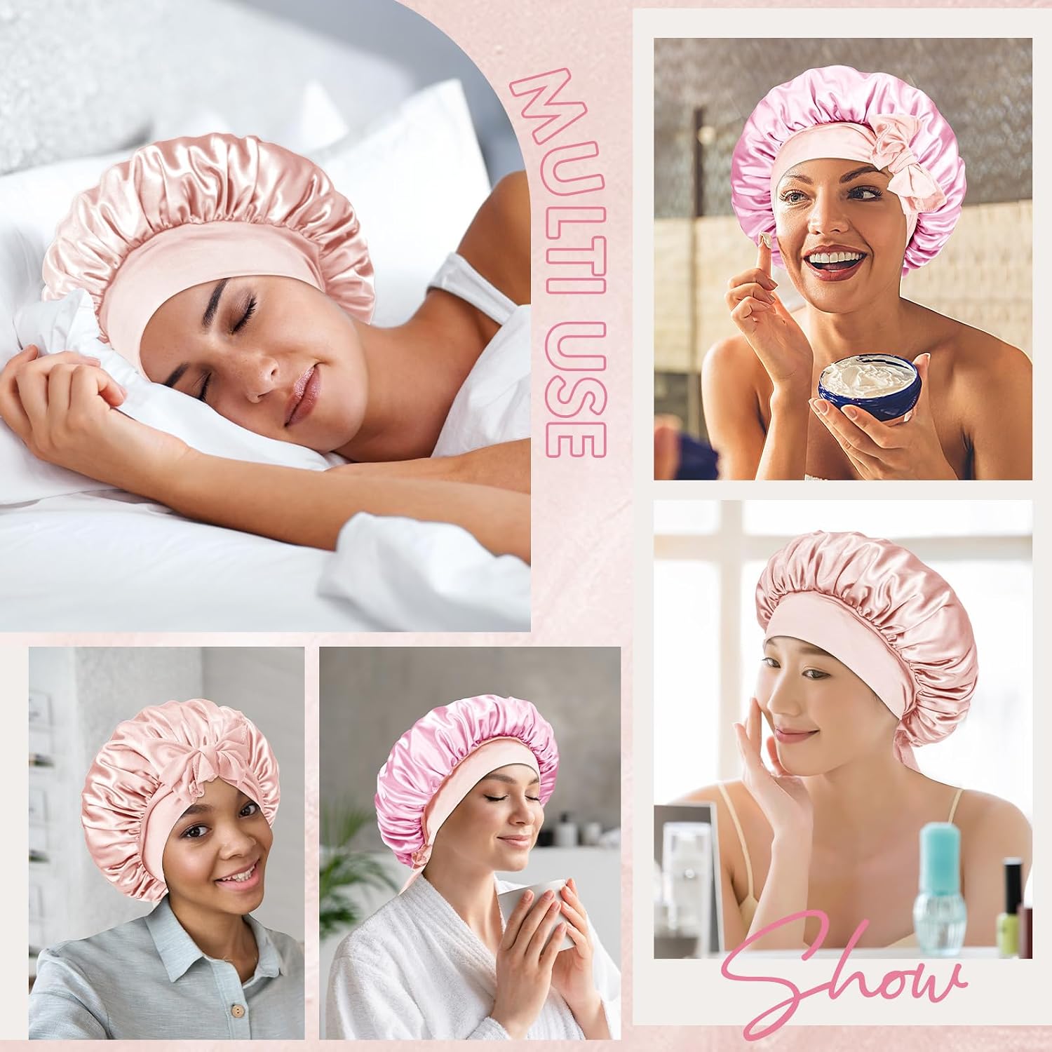 BONNET QUEEN Small Satin Bonnet Silk Bonnet for Sleeping Women Double Layer Reversible Hair Bonnet Adjustable Sleep Cap for Curly Hair with Tie Band, Jade+Pink