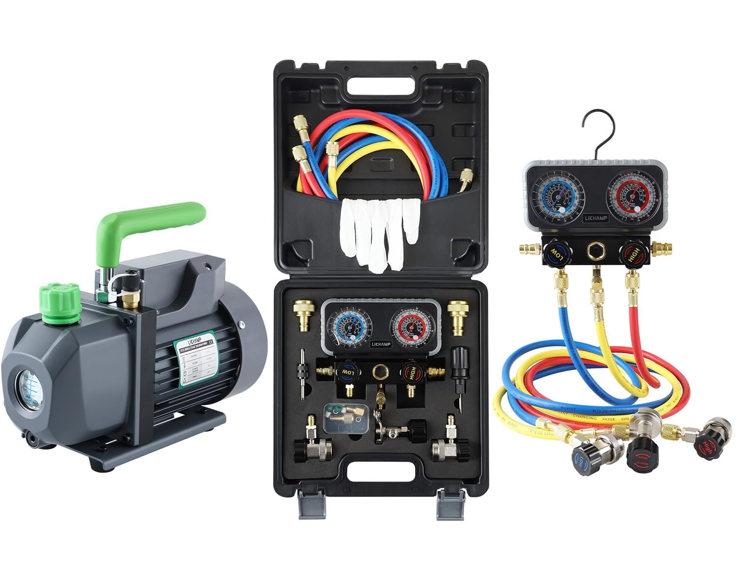 Lichamp 1/4 HP 3.5 CFM Vacuum Pump, HVAC Single Stage Vacuum Pump for R134a R410a R22 R12 and AC R1234YF R134A Gauge Set, Automotive Manifold Gauge Compatible with R1234YF R134A and R404A Refrigerants