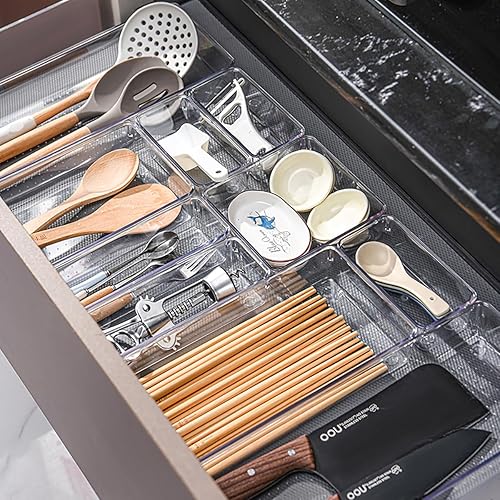 Miniatura 5 de Voova Juego de 6 organizadores de cajones de plástico, 3 tamaños de bandejas organizadoras de cajones de escritorio de cocina y oficina, divisor de