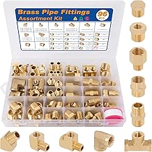KOOTANS 96PCS Brass Pipe Fittings Assortment Kit - NPT Adapter, Reducer Bushing, Hex Nipple, Coupling, Head Plug, 45 & 90 Degree Barstock Street Elbow, Tee Fittings Kit