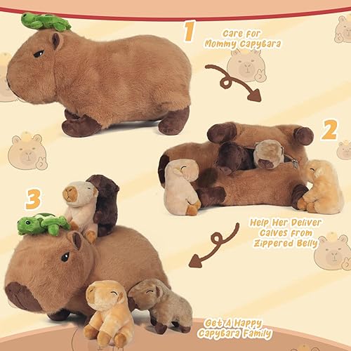 Miniatura 4 de Peluche Capybara 5 en 1, 14.2 pulgadas Capybara de peluche con bebés dentro de mamá almohada de felpa Capybara con 4 Capibaras Peluches juguetes