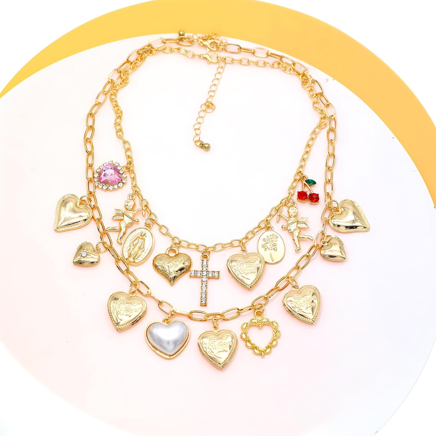 JNF Chunky Layer Heart Charm Necklace for Women Boho Heart Sun Flower Key Coins Charms Necklaces Paperclip Link Chain Necklace Y2K Statement Jewelry