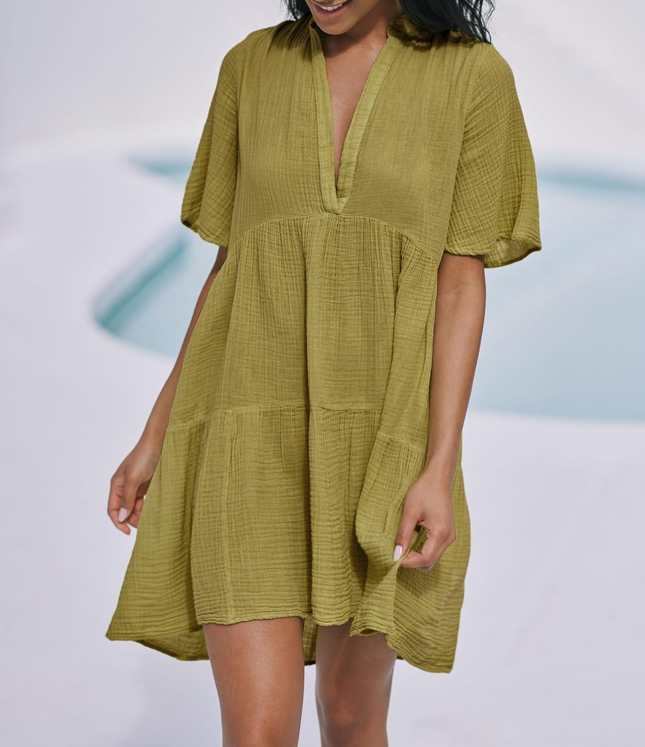 R.Vivimos Womens Summer Cotton Flowy Mini Dress V Neck Short Sleeve Boho Ruffle Tiered Casual Loose Tunic Dress - Image 3