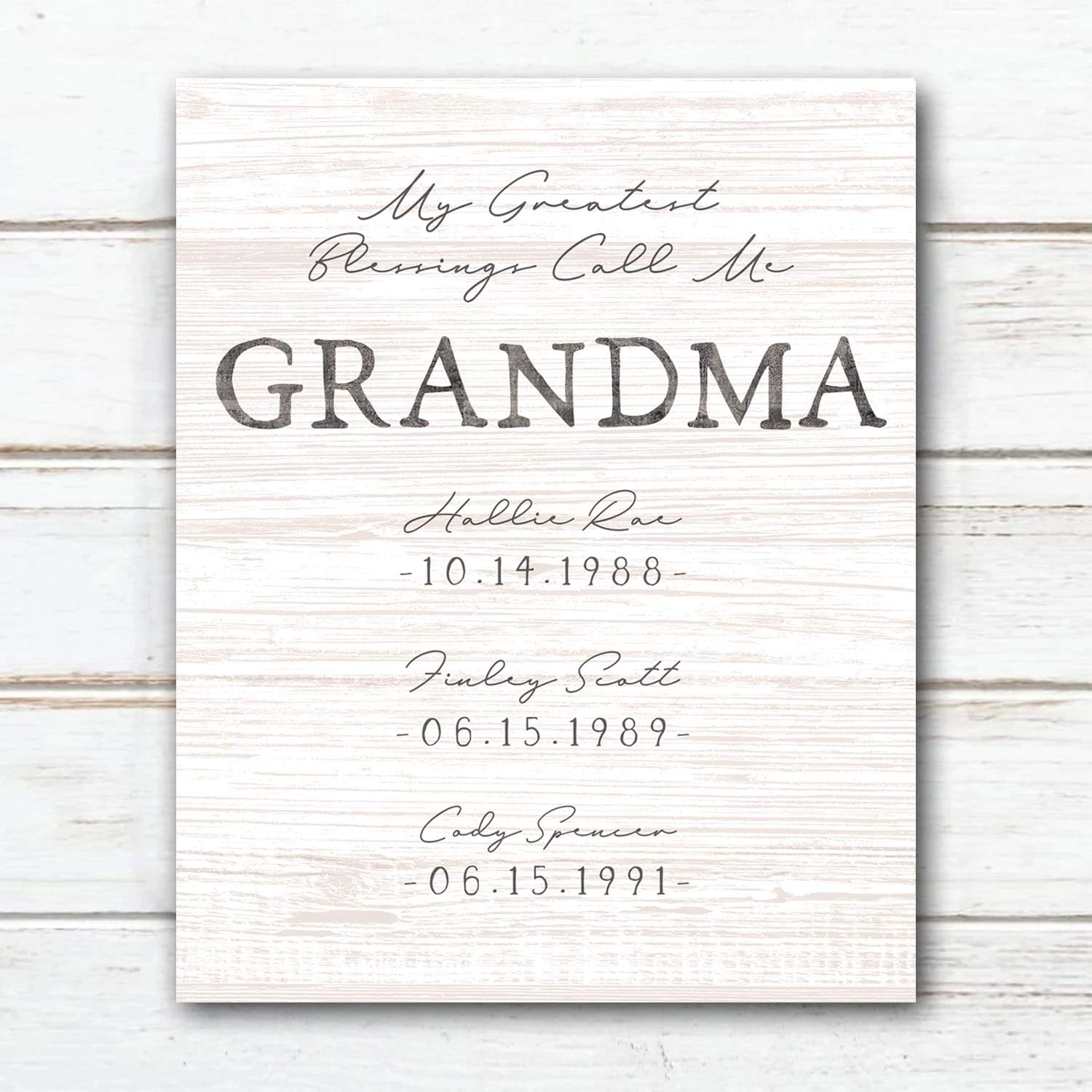 Personal Prints | My Greatest Blessings Call Me “Grandma” – Personalized Gift for Grandmother With Grandchildren’s Names and Birthdays (8"x10" Easel Backed Canvas, Whitewashed Wood)