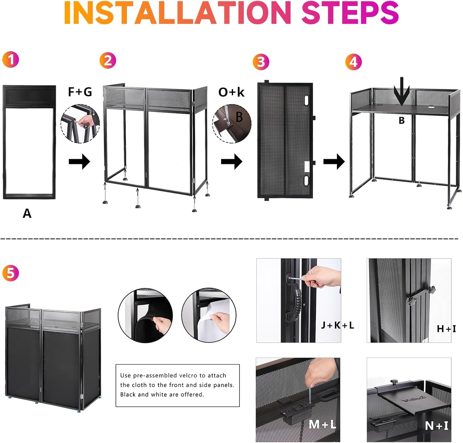 VallisCo DJ Facade Booth Table 40" x 20" - Portable Detachable DJ Booth Table Station with Computer Bracket Surface & Cable Hole, Foldable DJ Table Includes Black/White Scrims & Carry Bag for Party