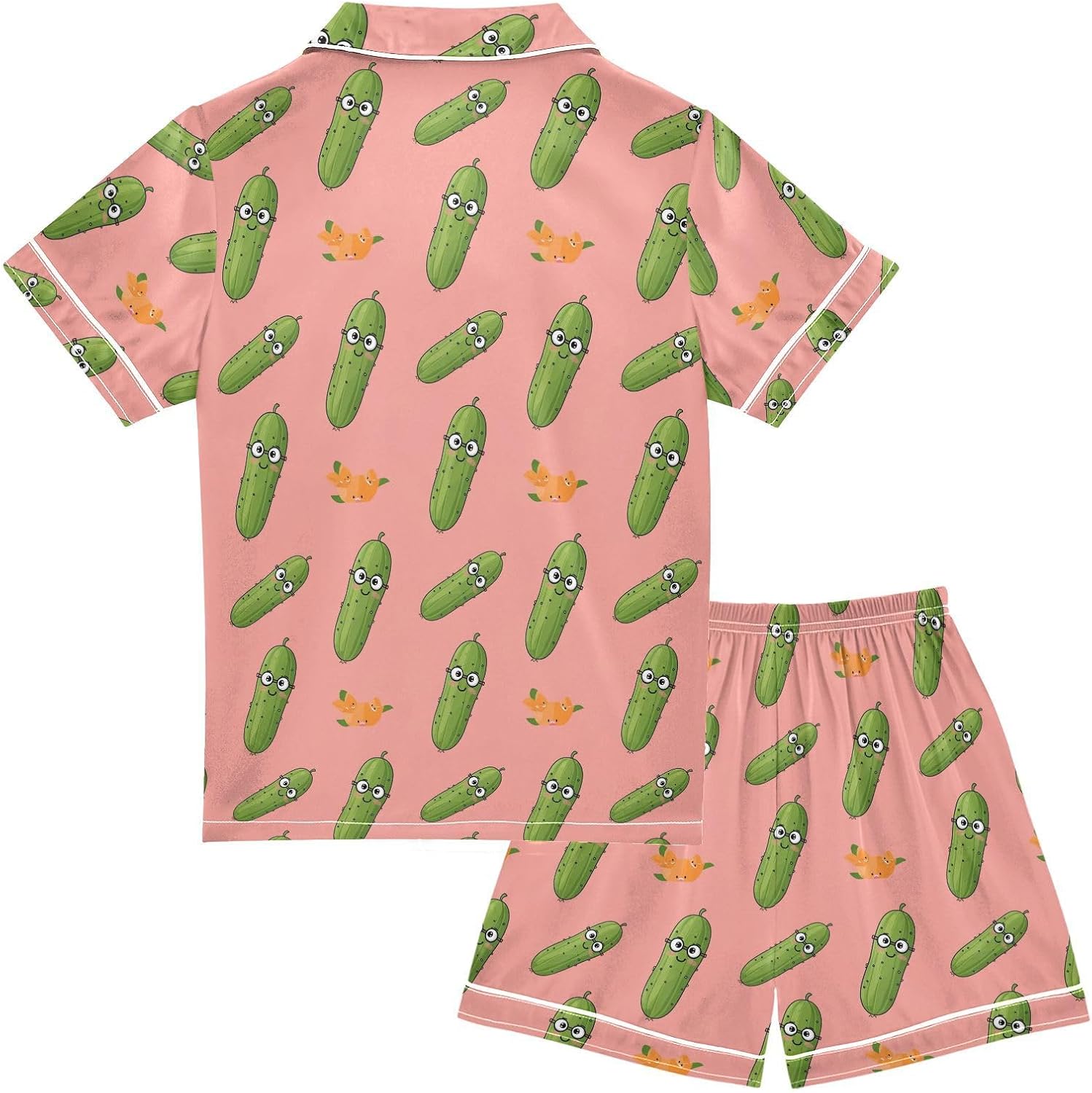 Satin Pajama Sets Short Sleeve Cute Pickles with Funny Faces Button Down Silky Nightwear 2 Piece PJS 5-14Y