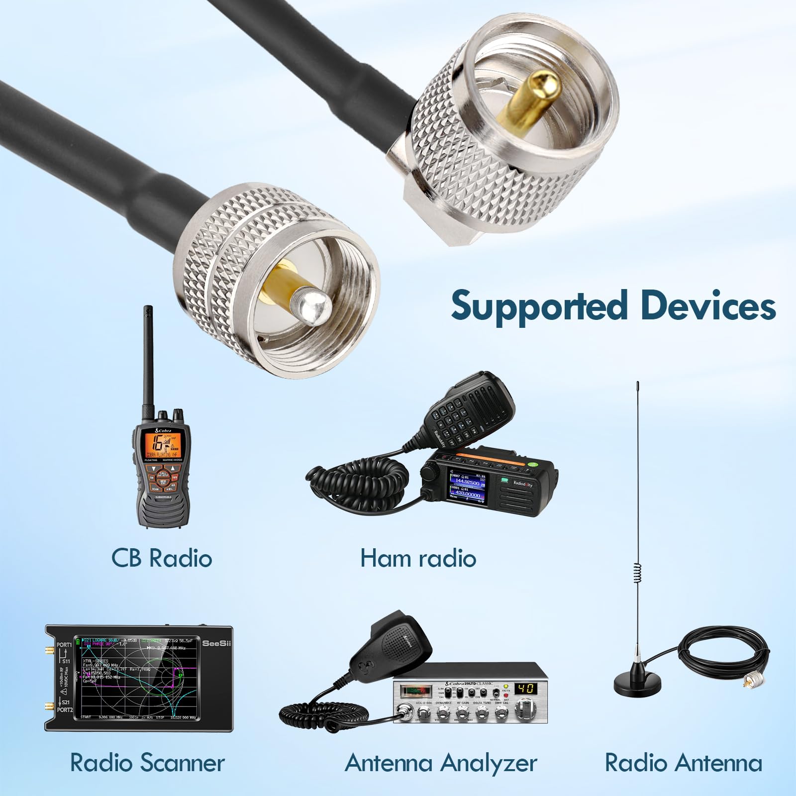 MOOKEERF Kabel koncentryczny CB RG58 UHF PL-259 męski na męski, kabel koncentryczny 7,6 m pod kątem prostym, kabel antenowy CB o niskiej stratności, kabel do radia CB, radia HAM, analizatora anteny,