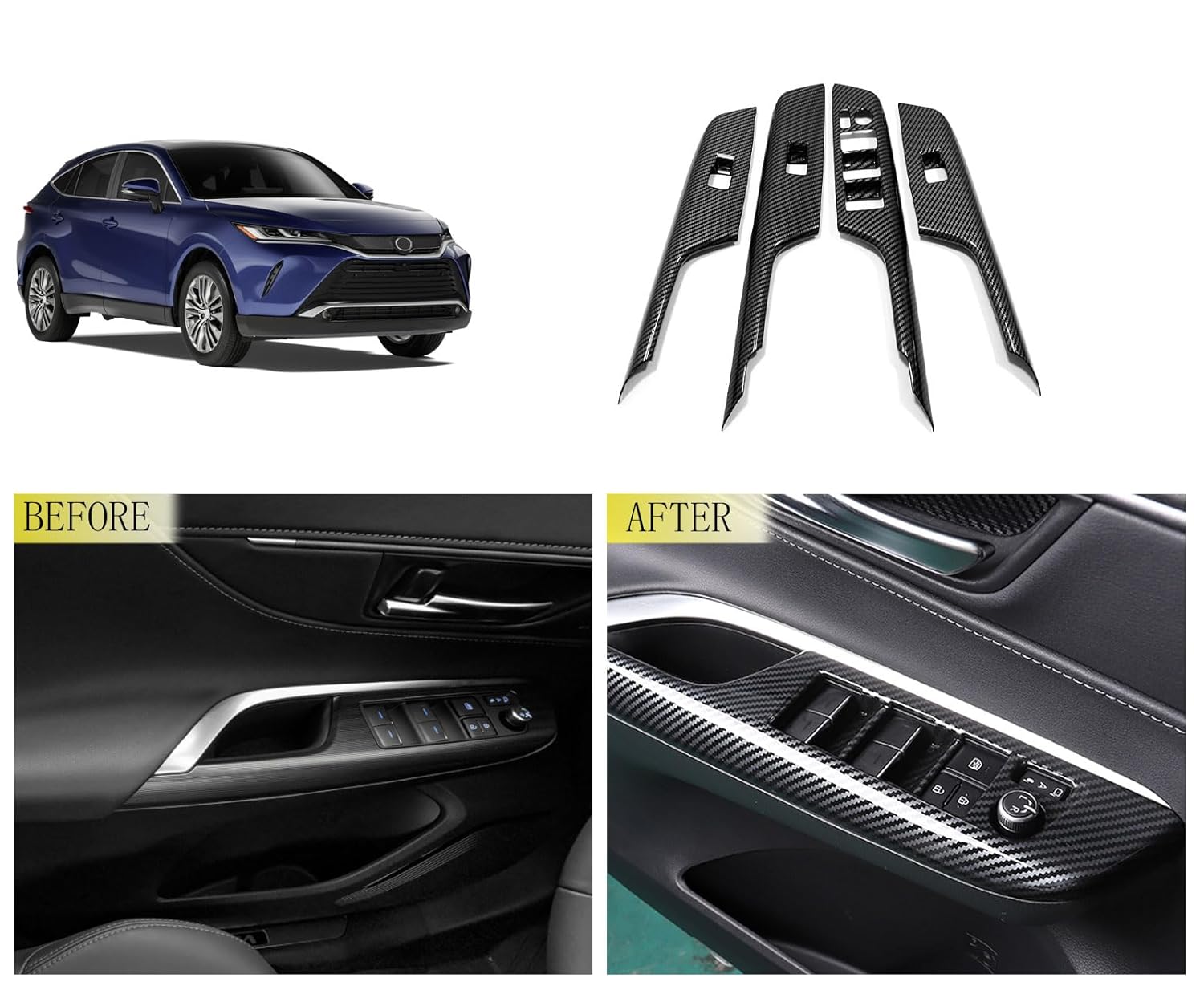 Door Window Switch Panel Cover Compatible with Toyota Venza 2021 2022 2023 Door Armrest Cover Window Lift Trim Interior Car Accessories ABS 4PCS(Carbon Fiber Style)