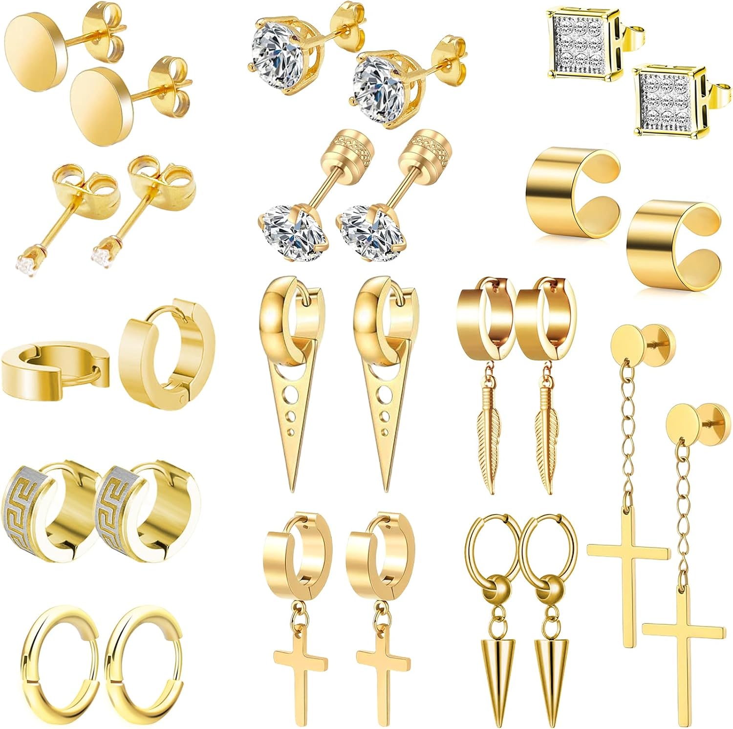 14 Pairs Earrings for Men and Women - Black Stud, Hoop, Cross, and Dangling Earrings Set - Stainless Steel Ear Cuffs Piercing Jewelry