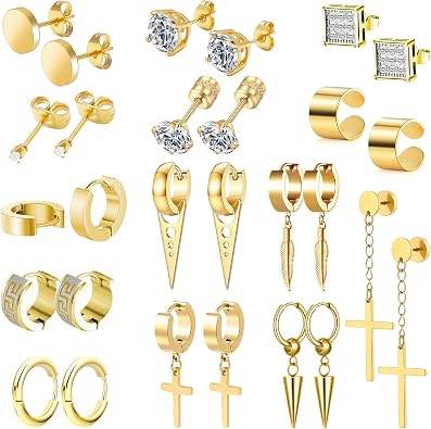 14 Pairs Earrings for Men and Women - Black Stud, Hoop, Cross, and Dangling Earrings Set - Stainless Steel Ear Cuffs Piercing Jewelry