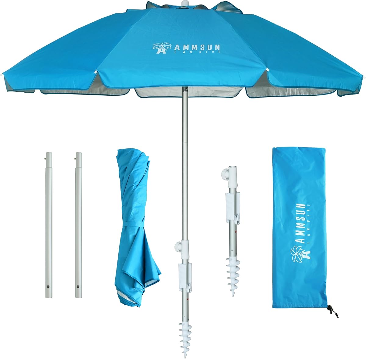 AMMSUN Sombrilla de playa portátil dos veces plegada con ancla de arena Poste inclinable a prueba de viento Ventilación de aire Protección UPF 50+ Cabe en una maleta grande Compacto para viajes Patio Jardín Piscina Patio trasero Azul cielo