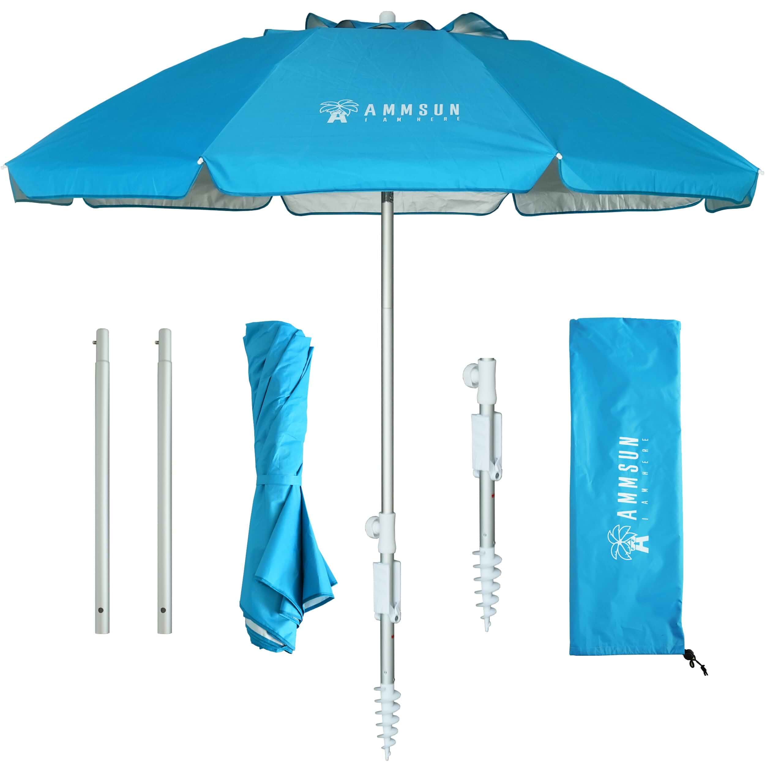 AMMSUN6.5ft Twice Folded Portable beach umbrella with Sand Anchor Windproof Tilt Pole Air vent UPF 50+ Protection Fits in a large Suitcase Compact For Travel Patio Garden Pool Backyard Sky Blue Solid