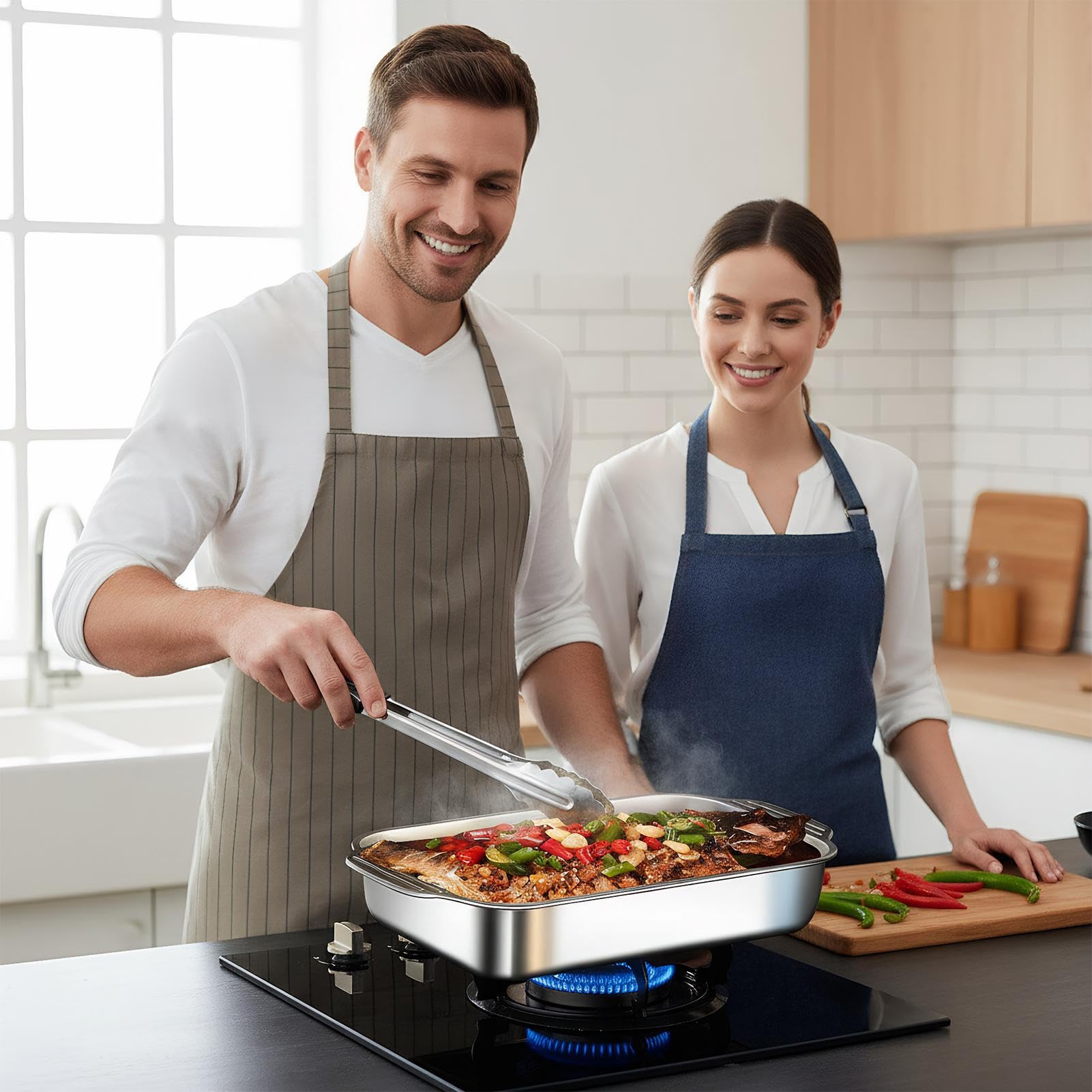 Bakeware - Teglia da forno rettangolare in acciaio, 46,5 x 28,5 cm, con coperchio e manico, per arrostire, preparare i pasti, feste, uso cucina