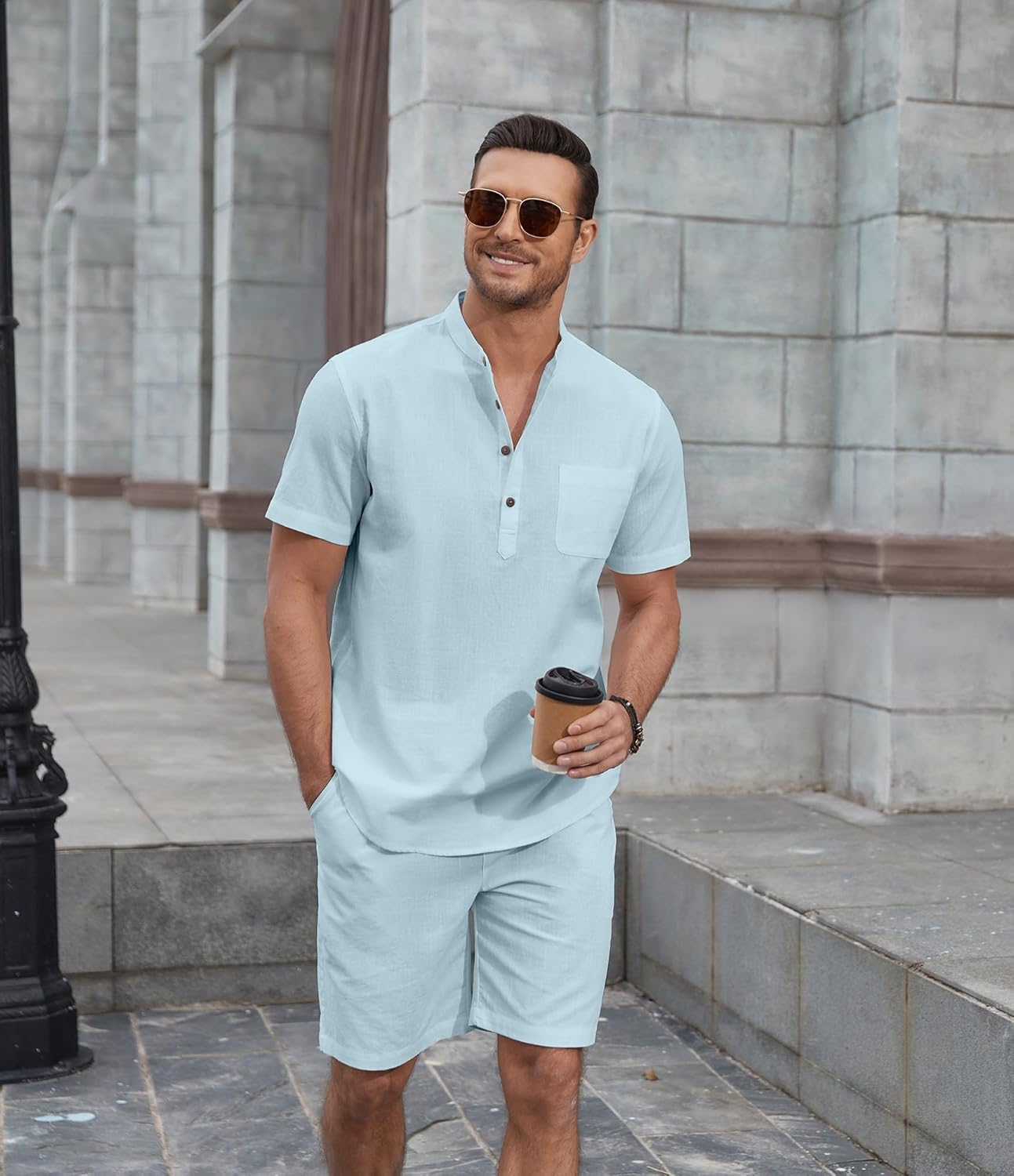COOFANDY Men's 2 Piece Cotton Linen Sets Summer Beach Outfits Casual Short Sleeve Henley Shirts and Vacation Shorts - Image 4