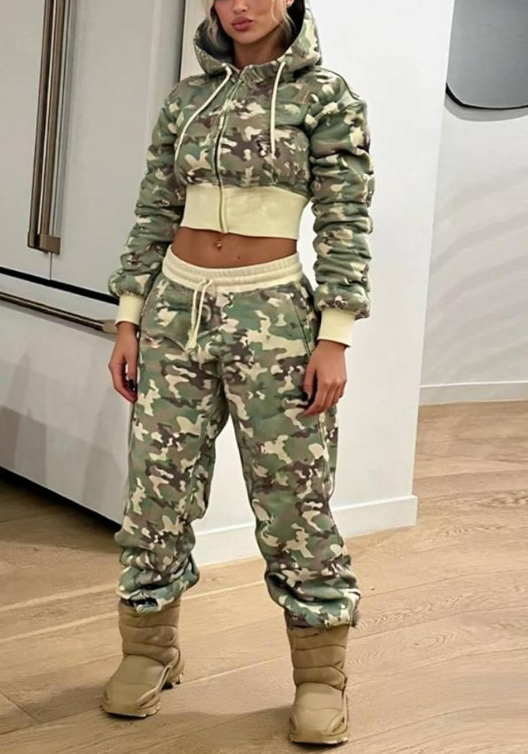Womens 2 Piece Camo Sweatsuit Set Camouflage Crop Zip Up Hoodie Sweatshirt Y2k Wide Leg Sweatpants Track Suits