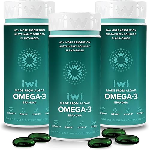 Iwi Omega-3, 90 cápsulas blandas (90 porciones), algas veganas a base de plantas Omega 3 con EPA + DHA, suplemento dietético de apoyo para todo el