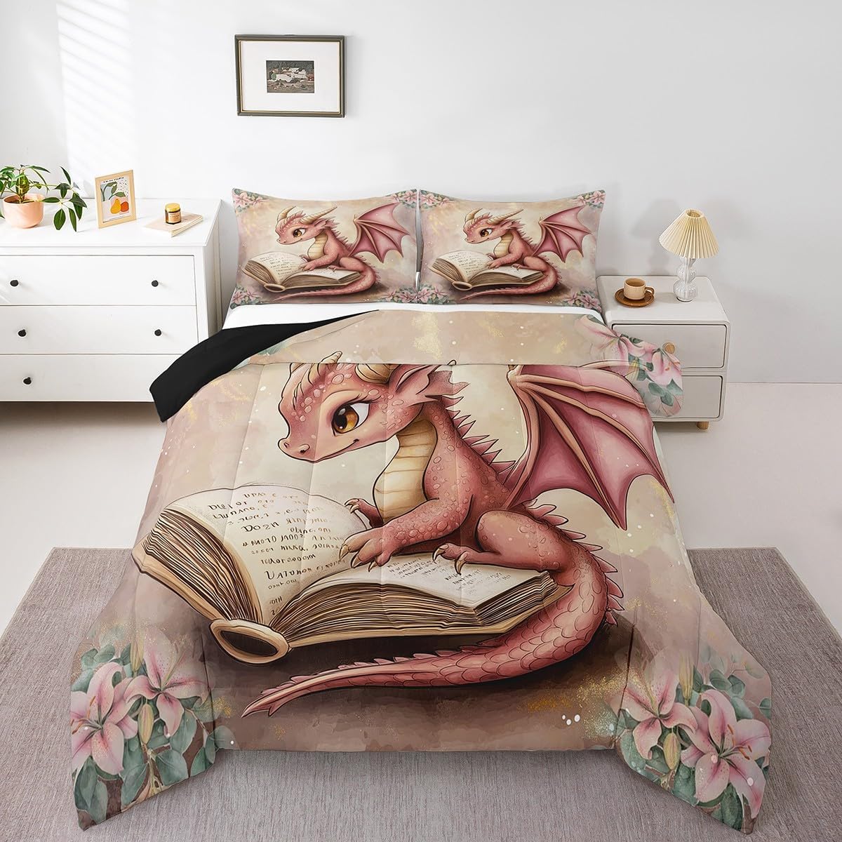 Castle Fairy Cute Dragon Bedding Comforter Sets Twin,Vintage 3D Dino Reading Book Bedding Set for Bedroom Decoration,Rustic Flowers Botanical with 1 Comforter and 1 Pillow Case Bedroom Decor