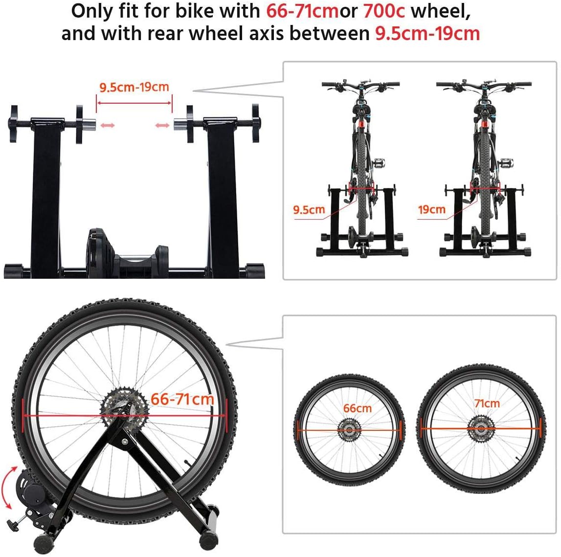 Wheel compatibility diagram for the Yaheetech bicycle trainer stand