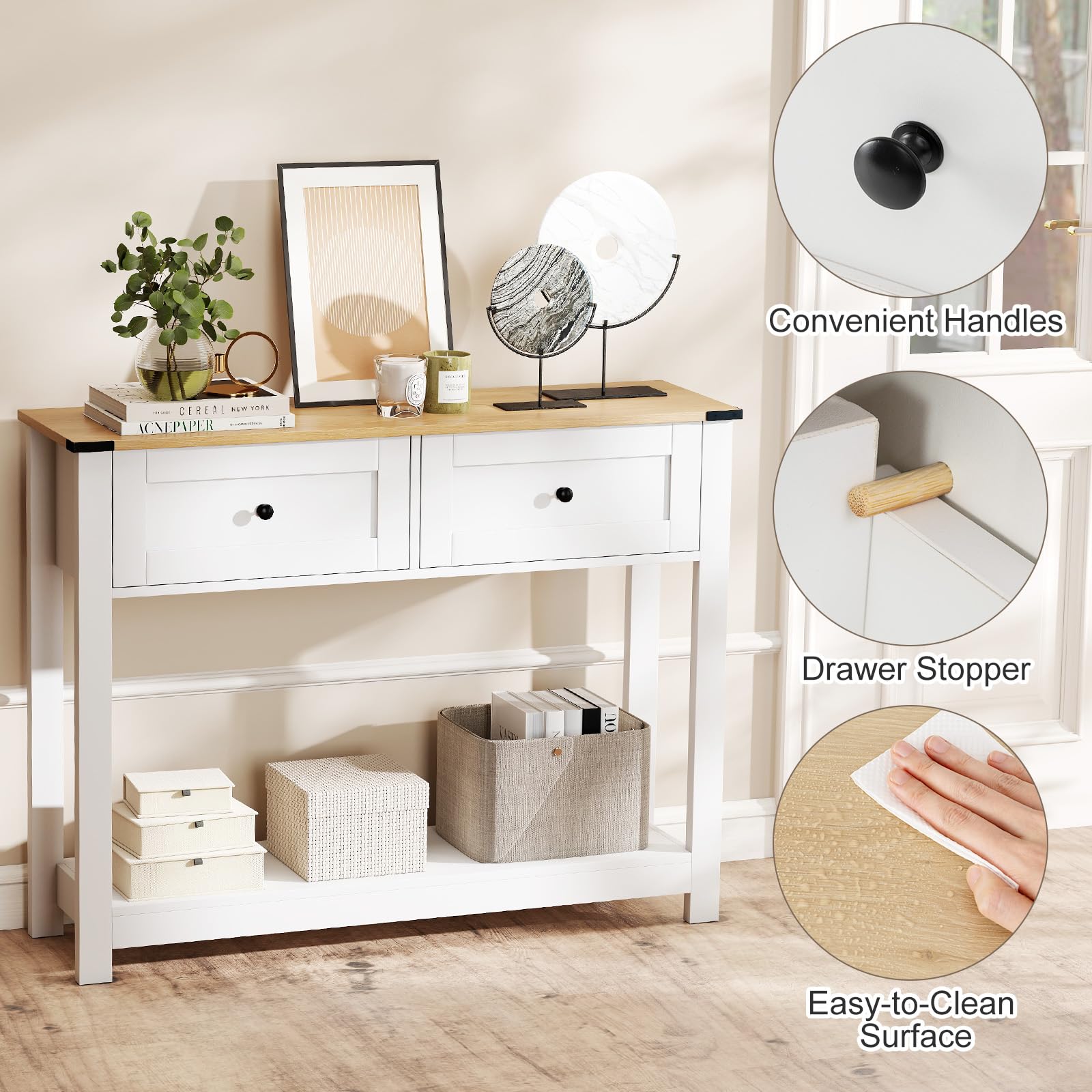 SOARS Tavolo Consolle Bianco 106 x 30 x 81,5 cm, Consolle Ingresso con 2 Cassetti e Ripiano Aperto, Tavolino Slim Salvaspazio Moderno per Soggiorno, Corridoio e Camera da Letto