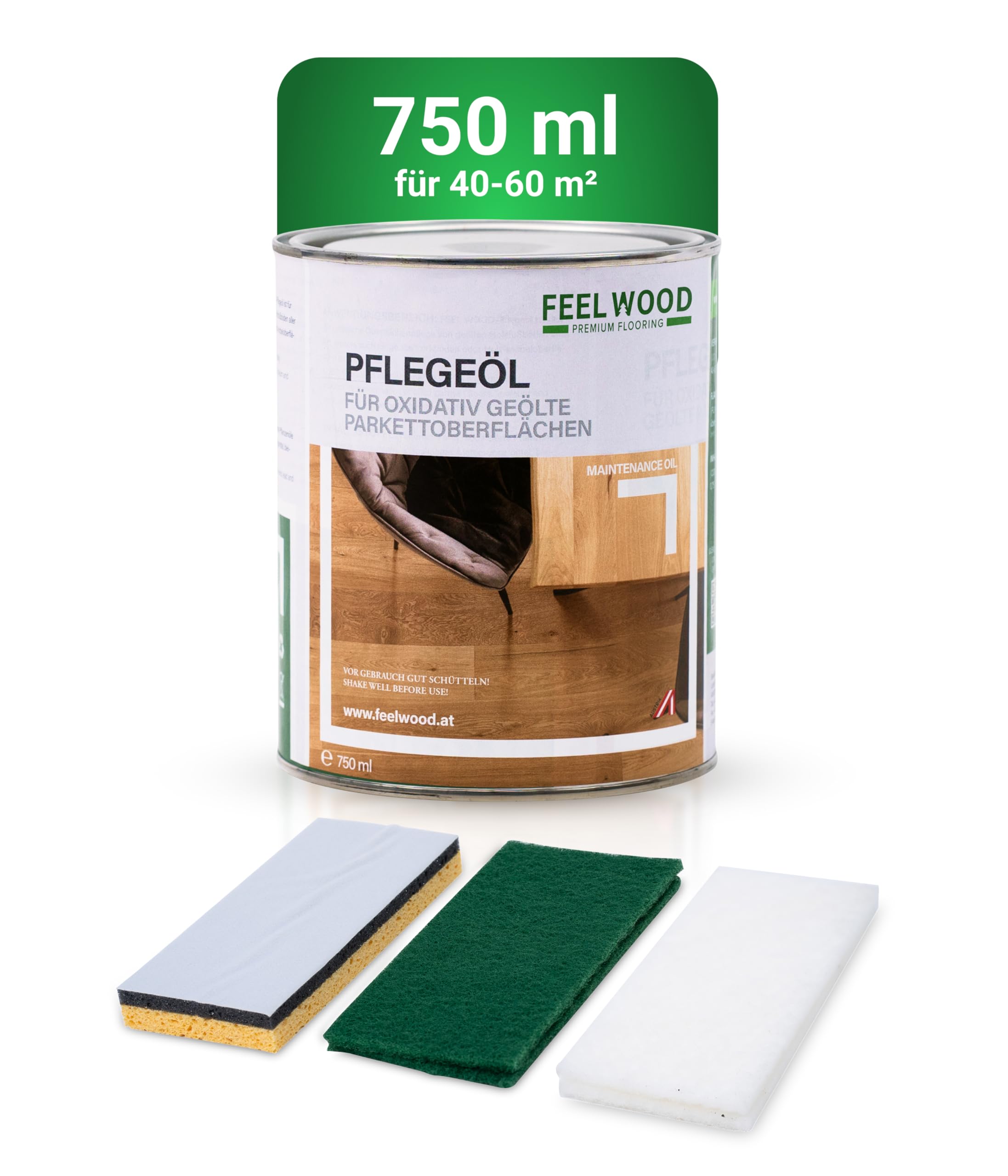 Feel Wood® Pflege-Öl Natur inkl. Hand-Pads 750 ml - Holzboden- und Parkettpflegeöl-Set, inklusive Massier & Polierpads, für geölte Holz & Korkoberflächen, einfache Anwendung, atmungsaktiv