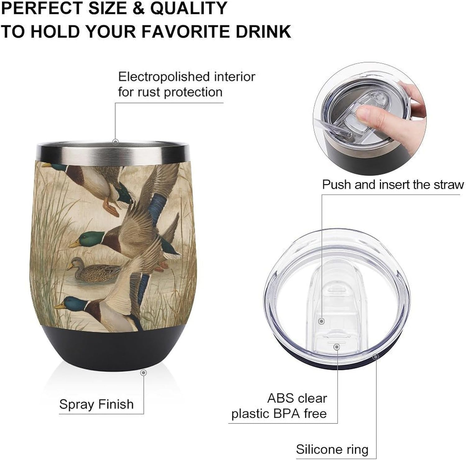 Duck Hunting Mallards Flying Reeds Insulated Drinking Cup Stainless Steel Coffee Mug Wine Tumbler with Lid 12OZ