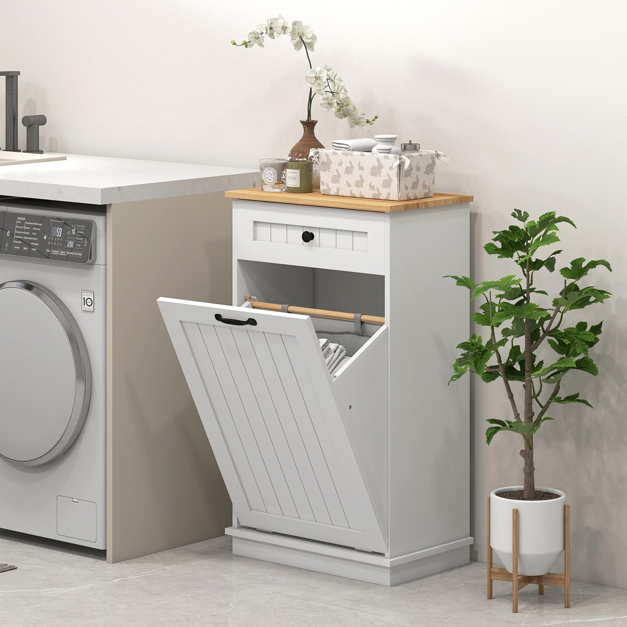 HOMCOM Mueble Auxiliar de Baño Cesto para Ropa Sucia Armario de Baño con Cajón y Diseño Anti-vuelco Mueble de Baño Moderno 52x33x90 cm Blanco
