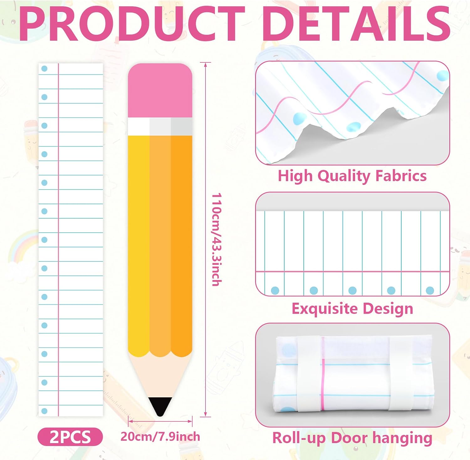 FYSUIMU 2 Pcs Back to School Classroom Door Window Cover Blackout Roller Shades Pencil Notebook Darkening Glass Window Curtain for First Day of School Office Room Decor
