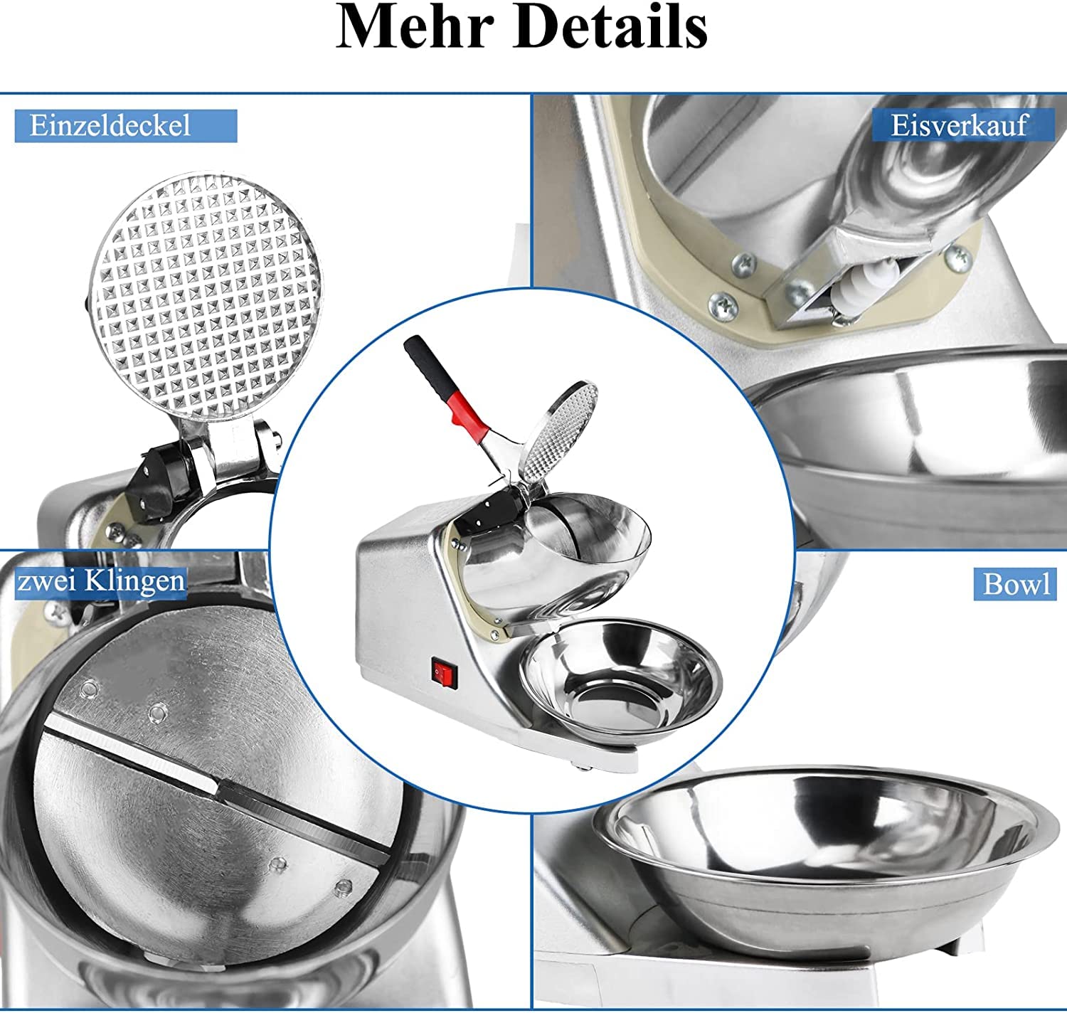 Elektrischer Ice Crusher,Ice Shaver Machine Doppelmesser Eiszerkleinerer, 80kg/hEismaschine Geeignet für Softdrinks, Cocktails、Slushy ice maker familie und gewerbliche Zwecke verwendet werden