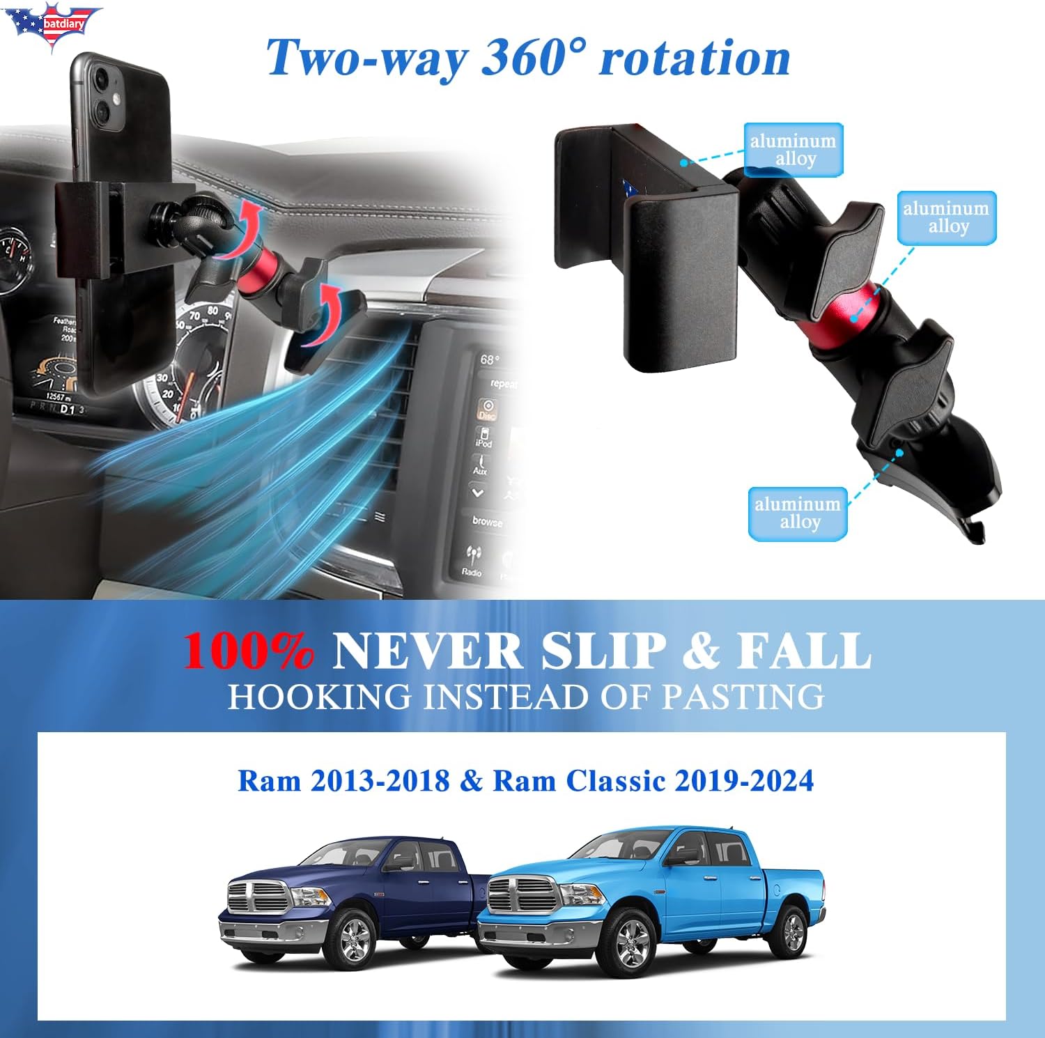 Ram Vent Phone Mount For Ram 1500/2500/3500 2013-2018 & Classic 2019-2024 Phone Mount Accessories|Aluminum Telescopic Air Vent Phone Holder|Thick Case Friendly Mount（Not for column shifter models.）